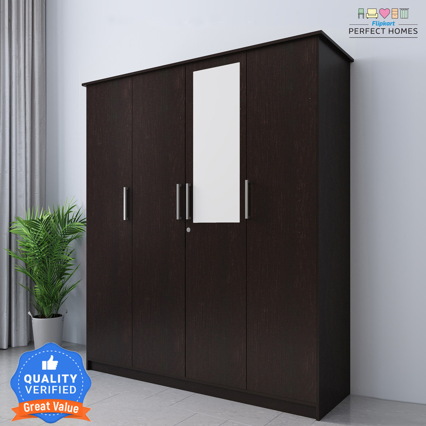 Flipkart Perfect Homes Julian Engineered Wood 4 Door Wardrobe(Finish Color - Wenge SIB, Mirror Included, Knock Down)