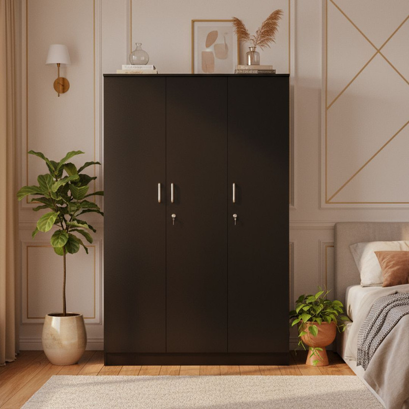 KIK Verna 3 Door Wardrobe with Locker – Wenge Finish | Engineered Wood Almirah Engineered Wood 3 Door Wardrobe(Finish Color - Black, Knock Down)