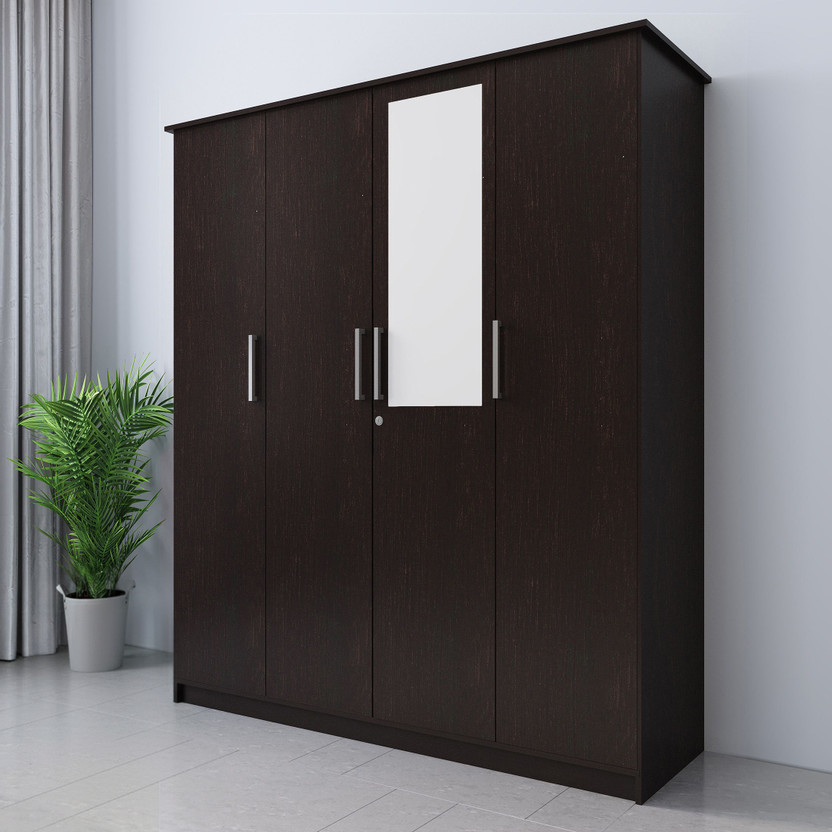 Flipkart Perfect Homes Julian Engineered Wood 4 Door Wardrobe(Finish Color - Wenge, Mirror Included, Knock Down)