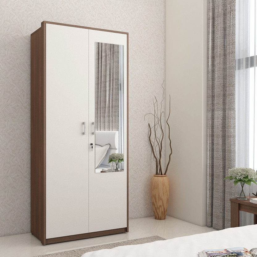 SPACEWOOD Dew Engineered Wood 2 Door Wardrobe(Finish Color - Walnut Rigato, Mirror Included, Knock Down)