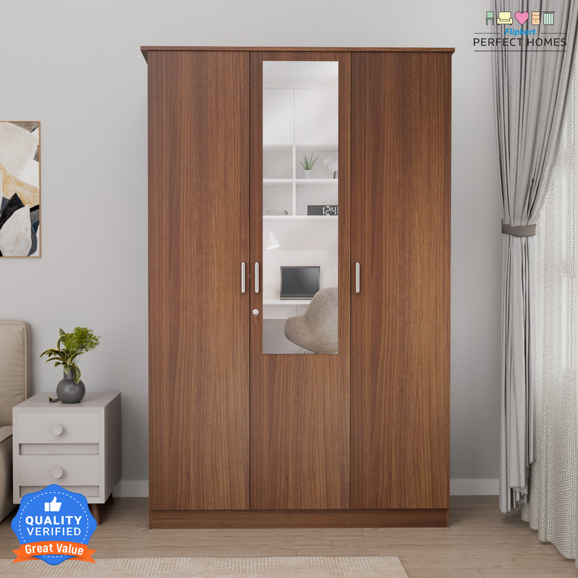Flipkart Perfect Homes Julian Engineered Wood 3 Door Wardrobe(Finish Color - Melamine CP Walnut SIB, Mirror Included, Knock Down)