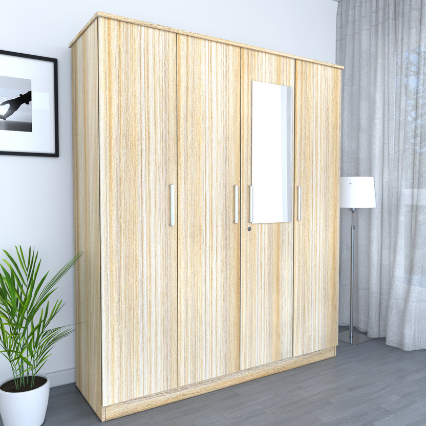 Flipkart Perfect Homes Engineered Wood 4 Door Wardrobe(Finish Color - Melamine Vogue French Oak GL, Mirror Included, Knock Down)