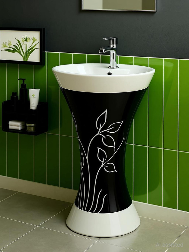 CARA MARK Basin|WashBasin|Handcrafted – Every Piece is Unique| pedestal wash basin|ceramic wash basin with pedestal|damru washbasin|basin| Pedestal Basin(WHITE AND BLACK HAND MADE SCRETCH PROOF GLOSSY)