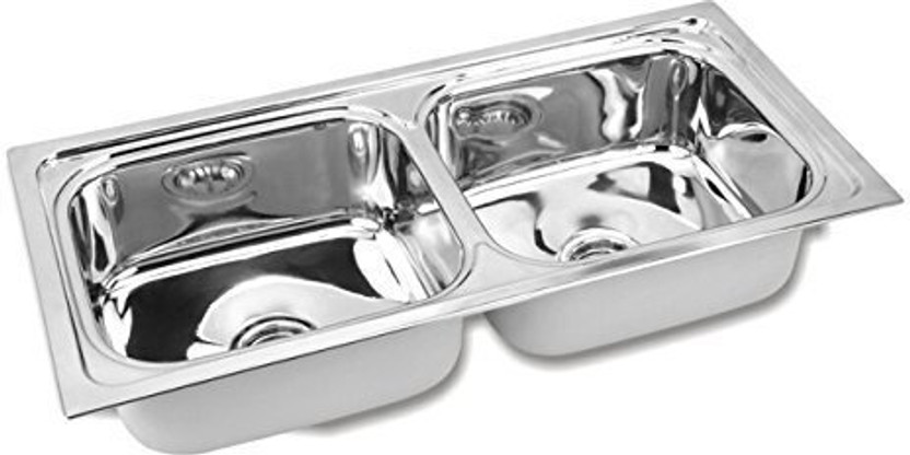 Bowlsandmore Glossy Including Sink Coupling/Bowl Connector and Waste pipe 45 X 20 X 9 inches Double Bowl Stainless Steel Sink, Grade 304 with coupling Vessel Sink(Silver)