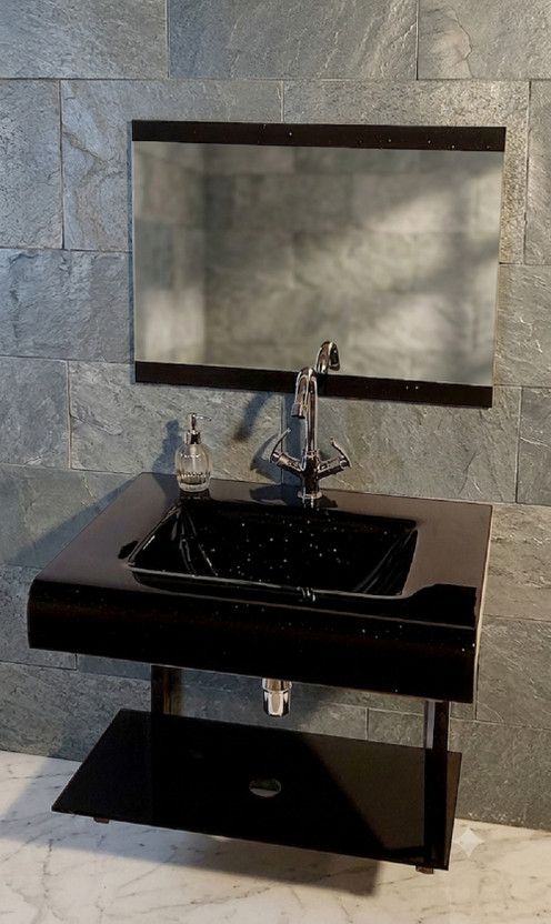 Oath Oath Vision Basin And Sanitary Wares Glass Wash Basin With Mirror Shelf & Steel Stand (17"x18" Inch). Oath Vision Basin_160 Small Wall Hung Basin(Black Sparkler) - Flipkart Deal