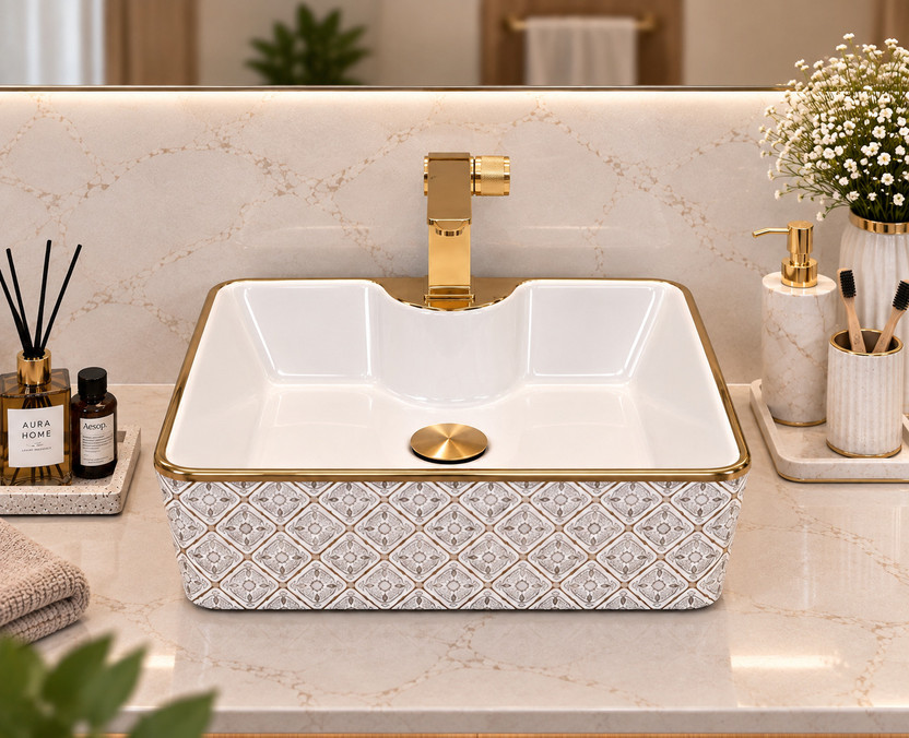Warrix Warrix PREMIUM CERAMIC LOOK TO YOUR HOME GOLDEN WASH BASIN LUXURIOUS CERAMIC WASH BASIN | DESIGNER WASH BASIN | 19*15*5 INCH (G 1110) Counter Top(GOLDEN) - Flipkart Deal