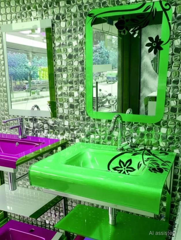 Oath Oath Vision Basin And Sanitary Wares OV_024 Glass Wash Basin With Mirror Shelf & Steel Stand (24"x21" Inch) Black Flower Wall Hung Basin(Parrot color) - Flipkart Deal
