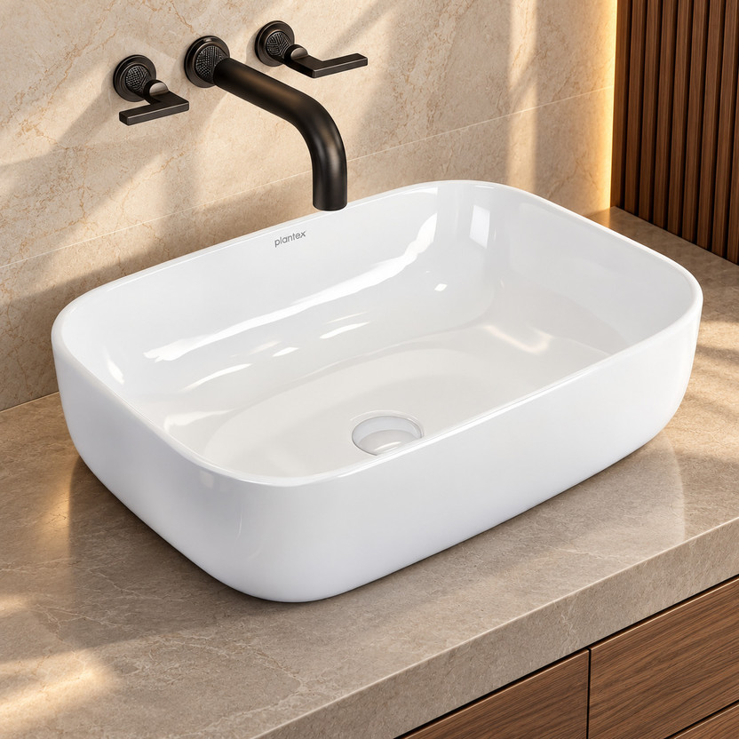Plantex Wash Basin for Bathroom/Tabletop Washbasin Platinium Ceramic Rectangular Wash Basin/Countertop Sink (18x13x5 Inch) Table Top Basin(White)