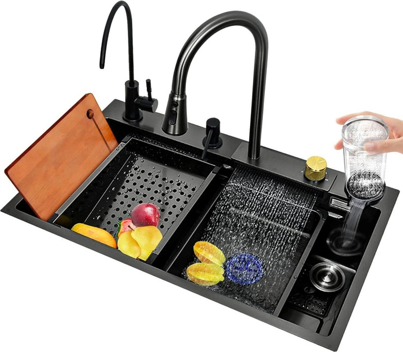 GLOXY GLOXY Nano Stainless Steel Handmade Kitchen Sink with Integrated Waterfall and Pull-Down Faucets/Soap Dispenser/ 2-Drain Basket, Smart Sink 30x18x9 Inches Vessel Sink(Black) - Flipkart Deal
