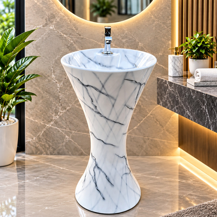 CARA MARK Premium Ceramic Wash Basin – Modern Damru- Scratch Resistant|Easy to Clean | pedestal basin/pedestal wash basin for bathroom/ pedestal wash basin/dd39/ Pedestal Basin(WHITE AND BLACK FIGURE SCRETCH PROOF (FULL GLOSSY))