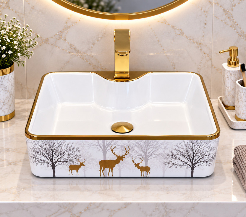 Warrix Warrix PREMIUM CERAMIC VESSEL SINK WHICH GIVES LOOK TO YOUR HOME GOLDEN WASH BASIN LUXURIOUS CERAMIC WASH BASIN | DESIGNER WASH BASIN | 19*15*5 INCH (G 1125) Counter Top(GOLDEN) - Flipkart Deal