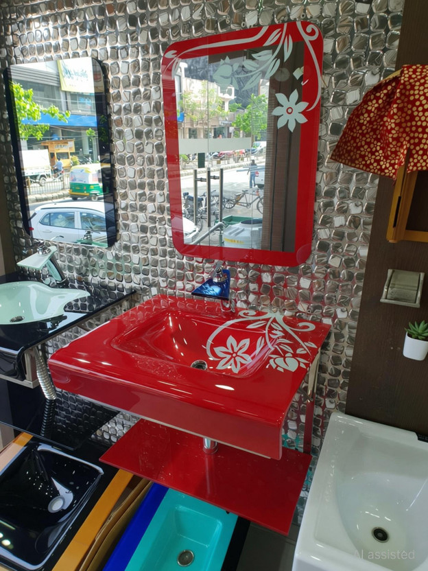 Oath Oath Vision Basin And Sanitary Wares White Flower Red OV_96 Glass Wash Basin With Mirror Self & Steel Stand 24 x 21 Inch Wall Hung Basin(Oath Vision Red) - Flipkart Deal