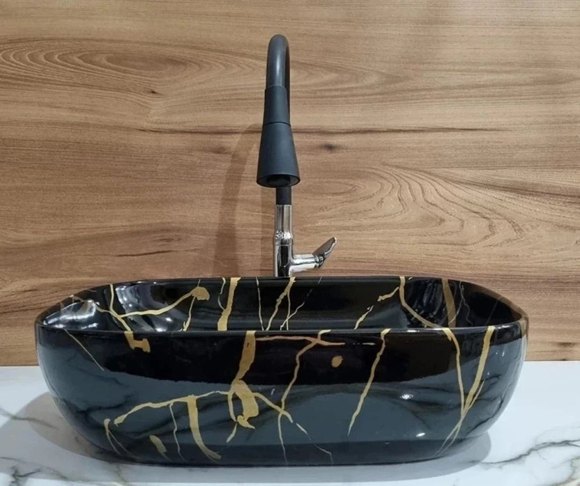 MOZATO Very Stylish Black & Gold Designer Ceramic Wash Basin / (46*32.5*14) cm (super glossy finish) premium designer wash basin / Table Top Basin(BLACK & GOLD)