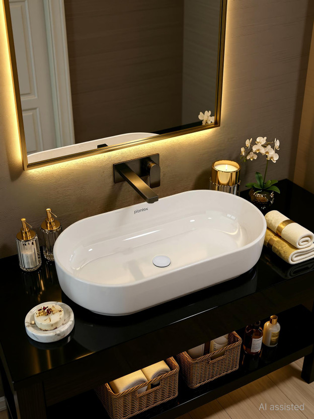 Plantex Tabletop Wash Basin/Washbasin Platinium Ceramic Tabletop Oval Wash Basin/Countertop Sink (28 x 14.5 x 6 Inch) Table Top Basin(White)