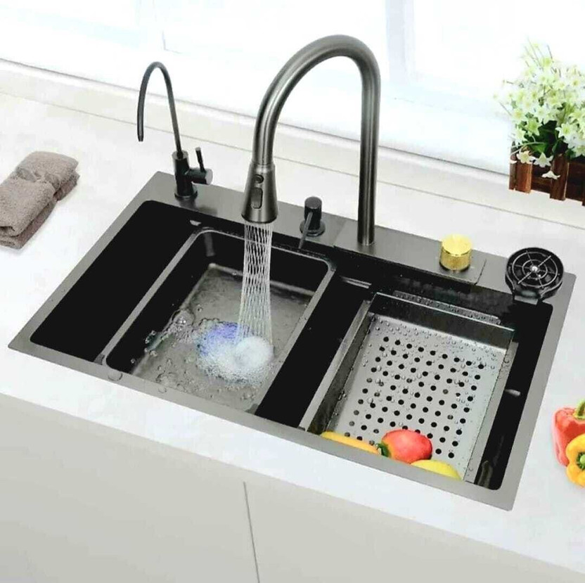 clayplus with Waterfall and Pull-down Faucet/304 Grade Stainless Steel Sink Multifunctional Waterfall Kitchen Sink 304 GRADE All in One 30x18 inch Vessel Sink(Diamond Black)