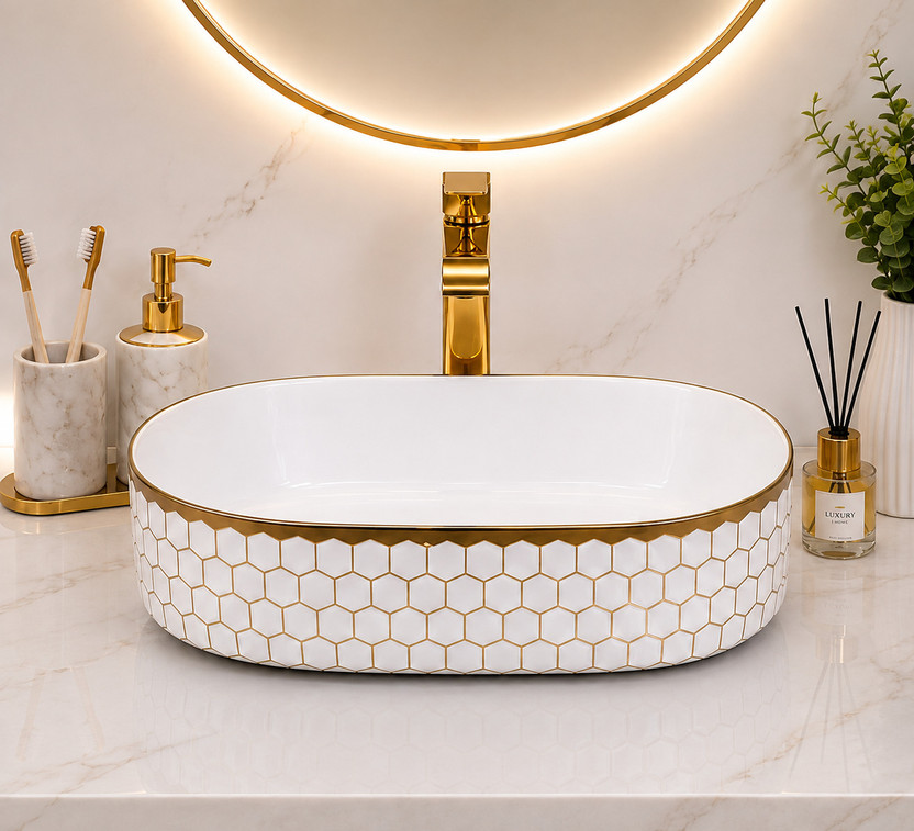 Warrix Warrix LUXURIOUS CERAMIC WASH BASIN | TABLE TOP | DESIGN WASH BASIN | 19*13*5.5 INCH Table Top Basin(GOLDEN) - Flipkart Deal