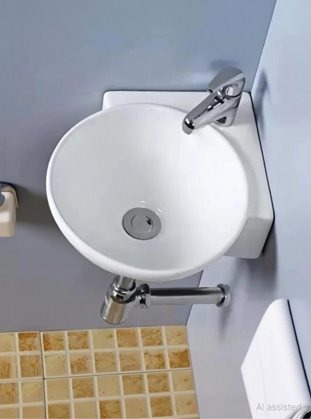 Greenord Ceramic small corner hand wash basin for Bathroom (14"X14"X4.5" Inch) wall hung White Corner Basin(White)