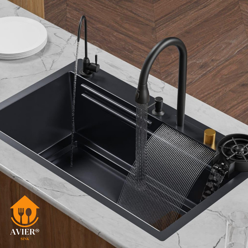 AVIER Multifunctional Waterfall Kitchen Sink 304 GRADE All in One 30x18 inch 304 Grade Waterfall Kitchen Sink Counter Top(Diamond Black)