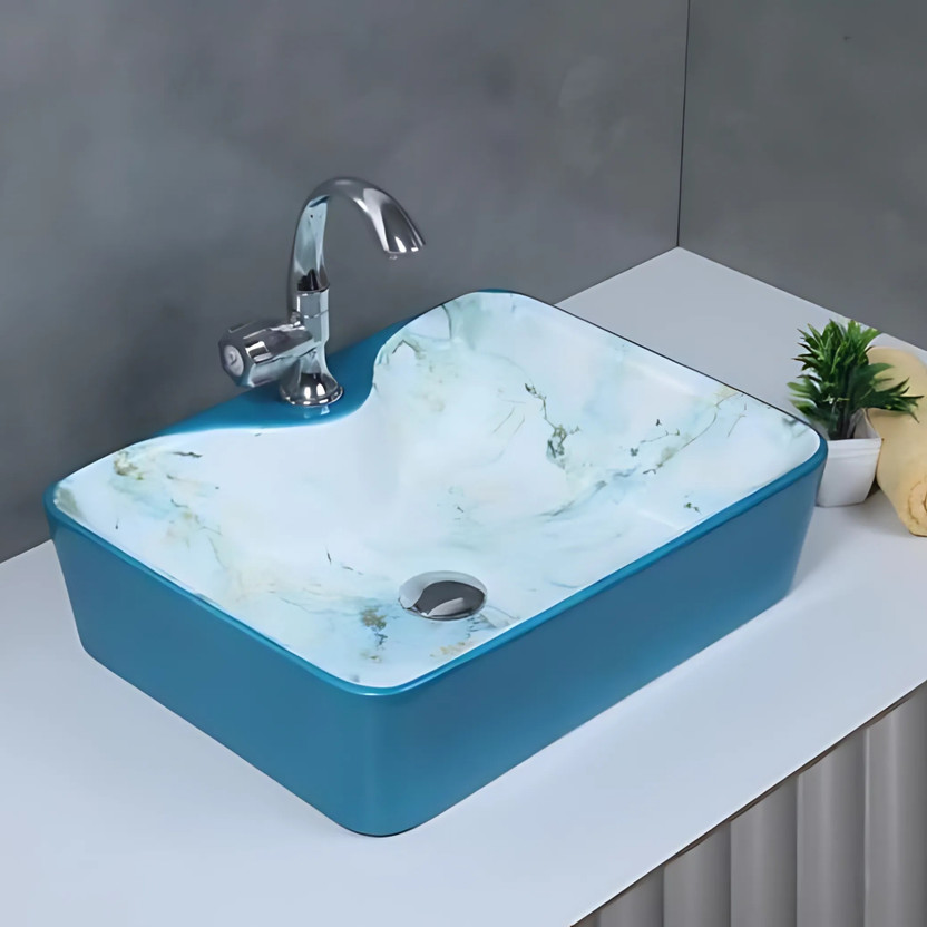 Sea Sea Shore Designer Table Top Vessel Sink Wash Basin For Bathroom (16 x 12 x 5.5 Inch) Counter Top(Designer Cyan) - Flipkart Deal
