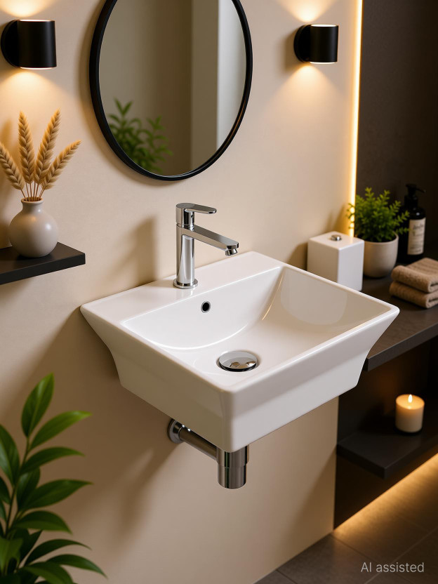 Nirant Wash Basin for Bathroom | Wall Mounted White Polished Sink (34 X 34 X 14)cm Wall Hung Basin(White)