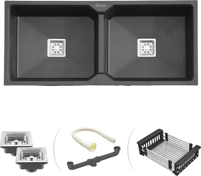 RUHE Premium 12.5mm Thick Black Quartz Double Bowl Kitchen Sink (37” x