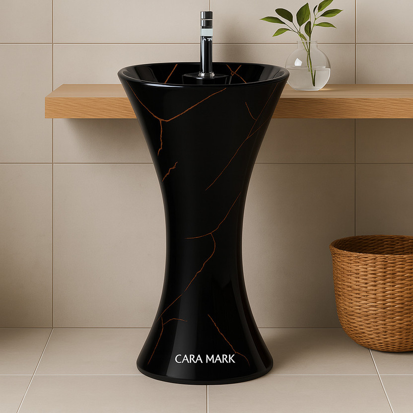 CARA MARK Premium Ceramic Wash Basin – Modern Damru- Scratch Resistant, Easy to Clean – Ideal for Bathrooms, Hotels & Dining Spaces- Pedestal Basin(BLACK FULL GLOSSY)