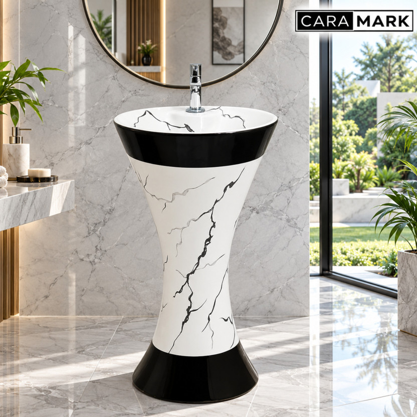 CARA MARK pedestal wash basin|ceramic wash basin with pedestal|damru wash basin|basin| Luxury Pedestal Wash Basin – Elegant Marble Look Pedestal Basin(BLACK AND WHITE)