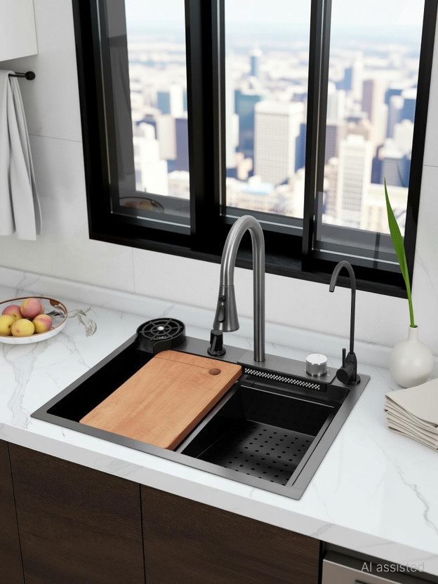QUINK QUINK 24'' x 18'' x 10'' Waterfall Sink Integrated HONEYCOMB DESIGN 304 Grade With CLASSY BLACK MATT Finish Single Bowl Multifunction Kitchen Sink Vessel Sink(SUS 304 DIMOUND BLACK) - Flipkart Deal