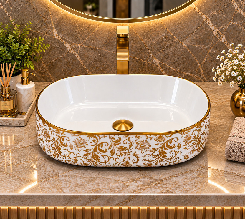 Warrix Warrix LUXURIOUS CERAMIC WASH BASIN | BEAUTIFULL DESIGNER WASH BASIN | 19*13*5.5 INCH Table Top Basin(GOLDEN) - Flipkart Deal