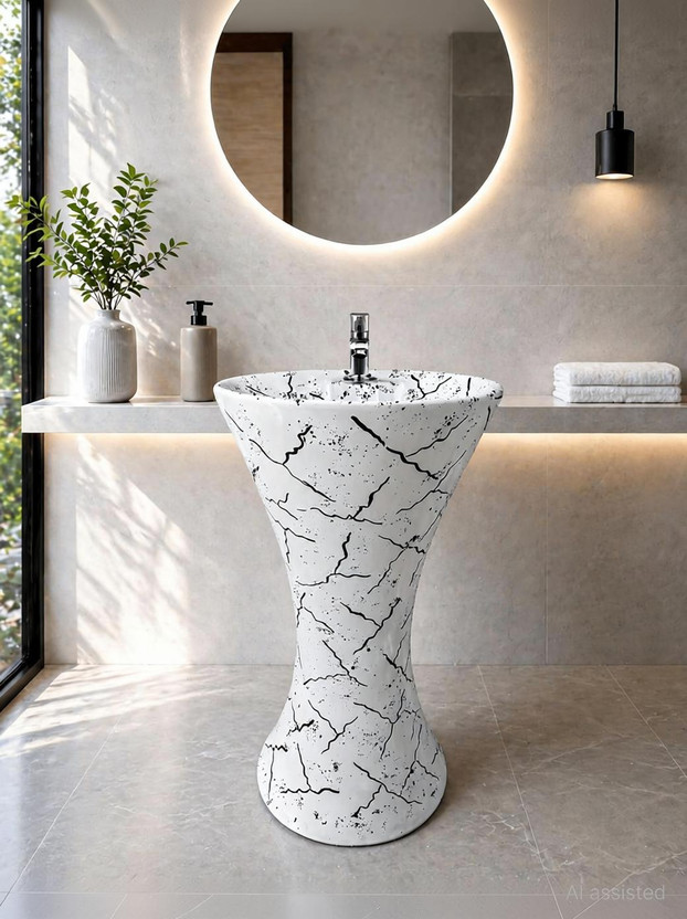 CARA MARK |Scratch Resistant|basin|Wash Basin| -Ceramic Pedestal Wash Basin- Pedestal Basin(White and Black figure GLOSSY FINISH)