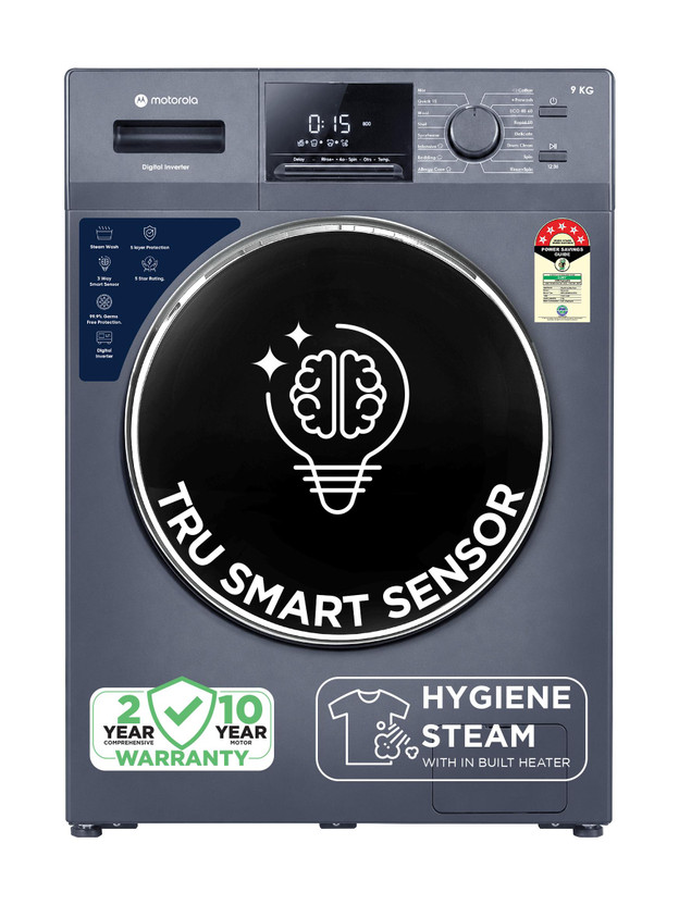 MOTOROLA 9 kg with Steam Wash and Tru Smart Sensor Fully Automatic Front Load Washing Machine with In-built Heater Blue(MTFL905NHIJA)