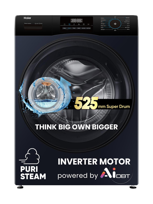 Haier 8 kg 5 Star with Powered by AI-DBT, AI Wash, PuriSteam, 525 mm Super Drum, Inbuilt Heater, Washer Fully Automatic Front Load Washing Machine Black(EFL80-IM12IBIEBK)