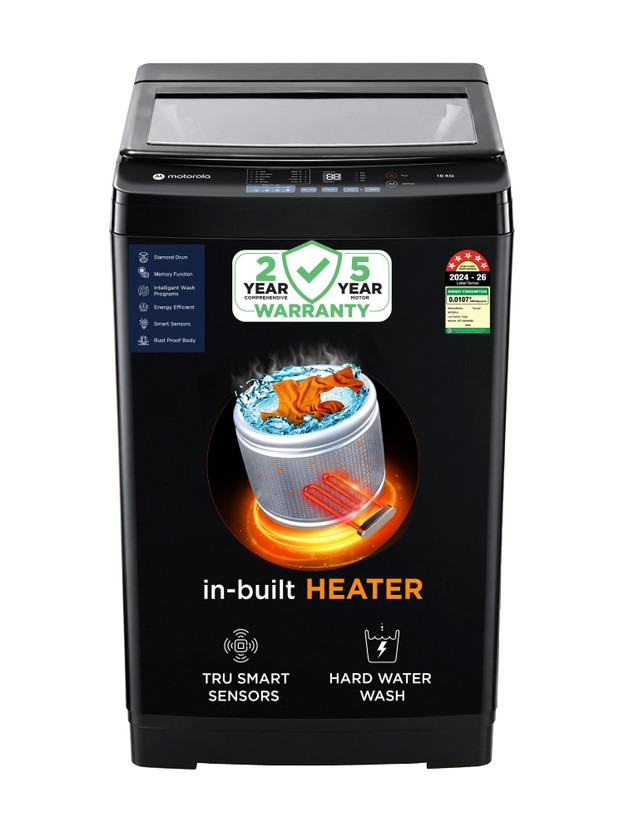 MOTOROLA 10 kg with Hard Water Wash Protection & Air Dry Fully Automatic Top Load Washing Machine with In-built Heater Black(MTTL1005NHNDBL)