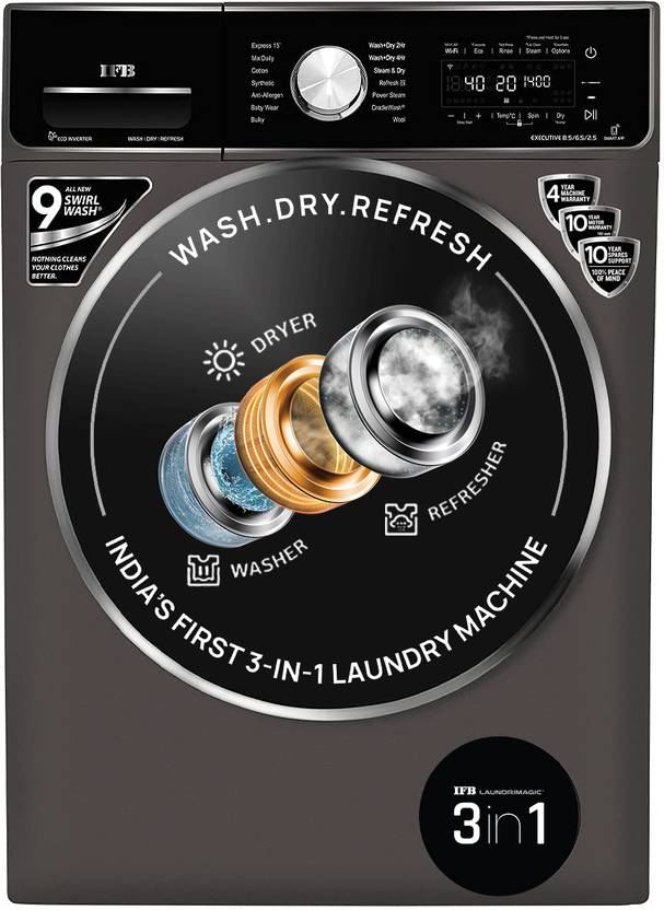 IFB 8.5/6.5 kg Washer with Dryer Refresher 3-in-1 Laundrimagic Wi-Fi Enabled Inverter with Steam Ready to Wear Clothes with In-built Heater Black, Gre