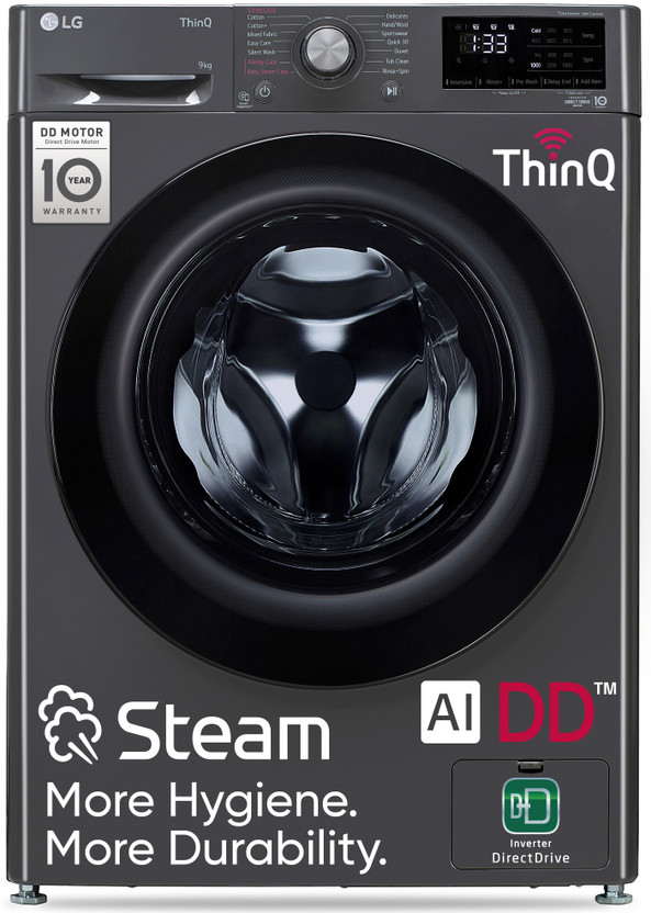 LG 9 kg 5 Star with AI Direct Drive, 6 Motion, Inverter Direct Drive, Steam and Wi-Fi Enabled Fully Automatic Front Load Washing Machine with In-built Heater Black(FHP1209Z5M)