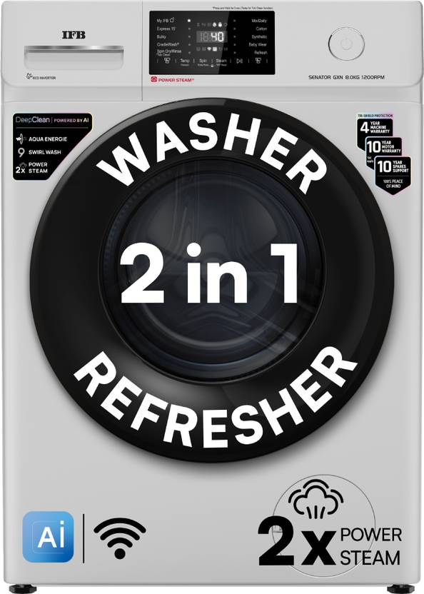 IFB 8 kg 5 Star with Steam Refresh program, 9 Swirl Wash, Eco Inverter, Touch Panel with AI Fully Automatic Front Load with In-built Heater White SENA