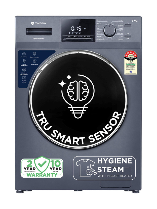 MOTOROLA 8 kg with Steam Wash and Tru Smart Sensor Fully Automatic Front Load Washing Machine with In-built Heater Blue(MTFL805NHNJA)