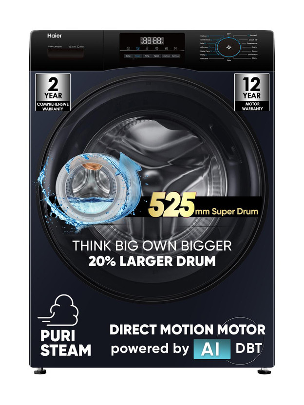 Haier 9 kg 5 Star with Powered by AI-DBT, PuriSteam, 525 mm Super Drum, Inbuilt Heater, AI DBT Washer Fully Automatic Front Load Washing Machine Black, Blue(EFL90-DM14IBIEBK)