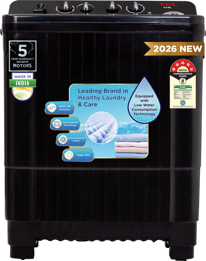 TCL 8.5 kg 5 Star with Extra Powerful Motor, Magic & Lint Filter, Multi Jet Pulsator and Fast Dry Semi Automatic Top Load Washing Machine Black(TWT85-P103PD)