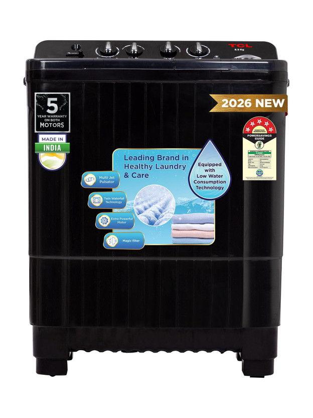 TCL 8.5 kg 5 Star with Extra Powerful Motor, Magic & Lint Filter, Multi Jet Pulsator and Fast Dry Semi Automatic Top Load Washing Machine Black(TWT85-P103PD)