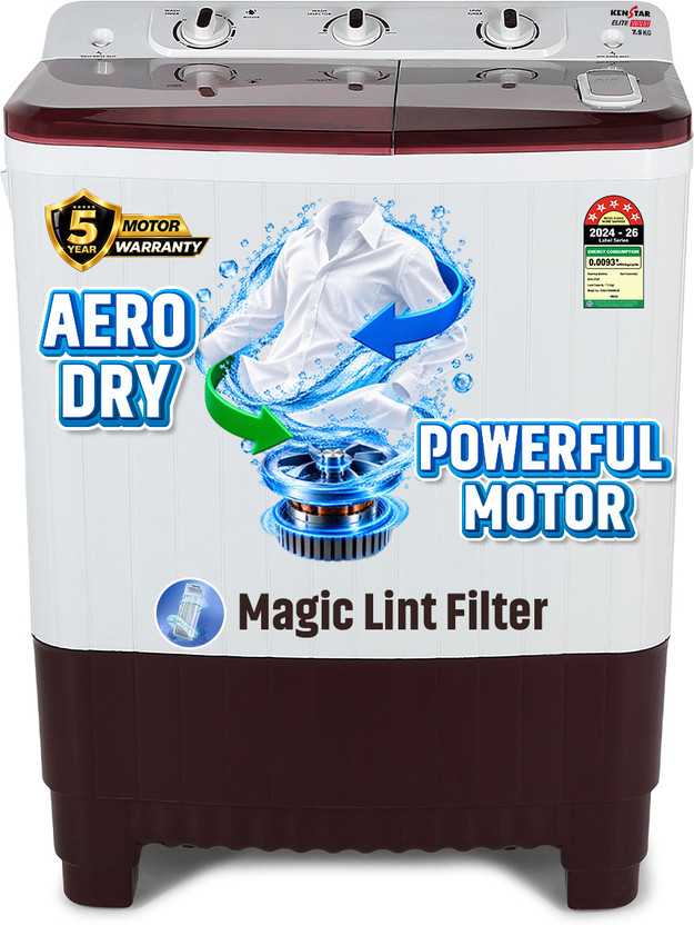 Kenstar 7.5 kg 5Star Rated High Performance Motor With 1350RPM, 5-Fin Pulsator, Aero Dry Function , Magic Lint Filter Semi Automatic Top Load Washing Machine Maroon, White(KSSA755NNNDM)