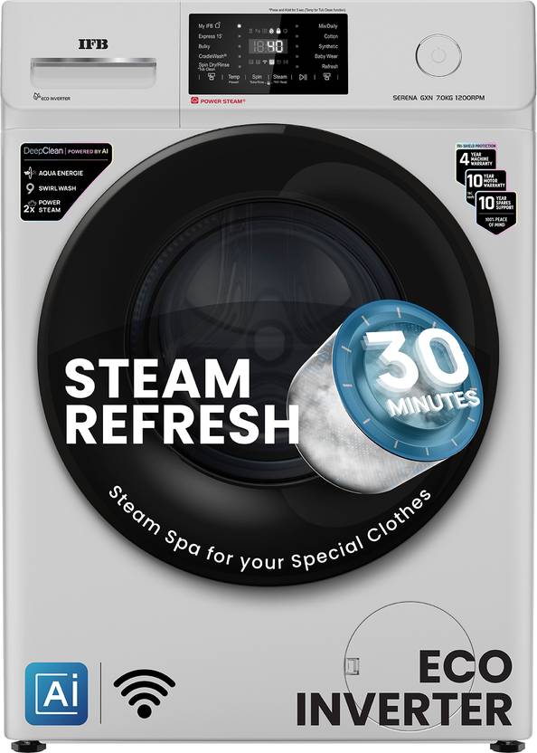IFB 7 kg 5 Star with Steam Refresh program, 9 Swirl Wash, Eco Inverter, Powered by AI with Wifi Fully Automatic Front Load with In-built Heater Grey S