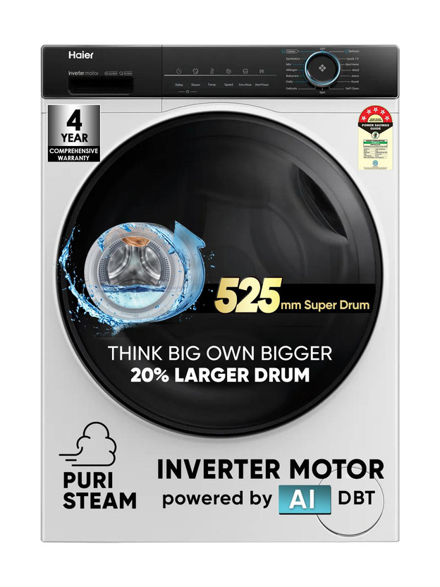 Haier 8 kg 聽5 Star with Powered by AI-DBT, PuriSteam, 525 mm Super Drum, Inverter Motor, Inbuilt Heater, Washer Fully Automatic Front Load Washing Machine Black, White(HW80-IM12929C)