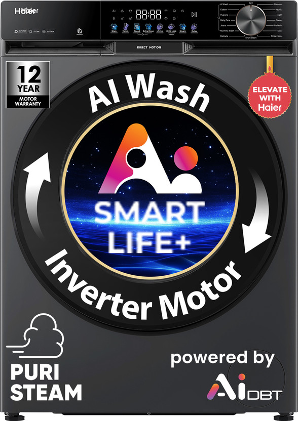 Haier Haier 10 kg 5 Star, AI Smart LIFE+, Vibrant Touch Panel, Fabric Care with Stain Pro Technology, Hygienic Care, ABT, 525 mm Super Drum, Refresh, Direct Motion Motor, WiFi enabled Fully Automatic Front Load Washing Machine with In-built Heater Black(EFL100-IM14F5ES8U1) - Flipkart Deal