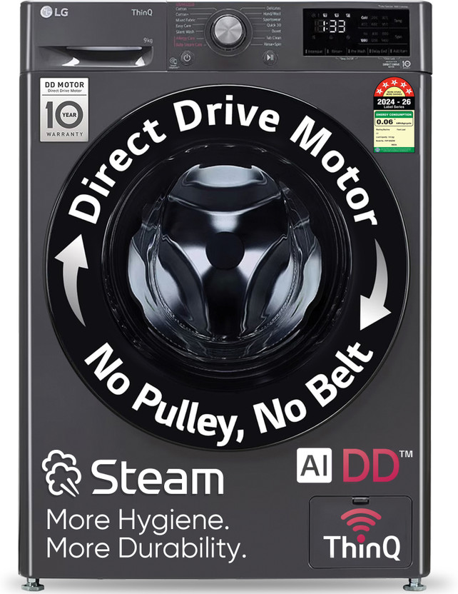 LG 9 kg 5 Star with AI Direct Drive, 6 Motion, Inverter Direct Drive, Steam and Wi-Fi Enabled Fully Automatic Front Load Washing Machine with In-built Heater Black(FHP1209Z5M)