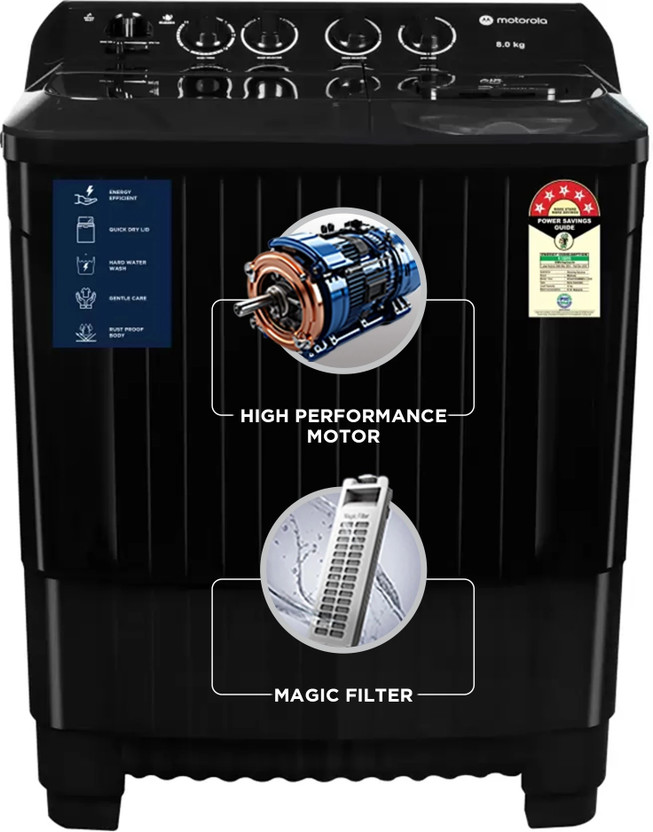 MOTOROLA 8 kg 5 star rating Midnight Series Semi Automatic Top Load Washing Machine Black(MTSA805NNNDB)