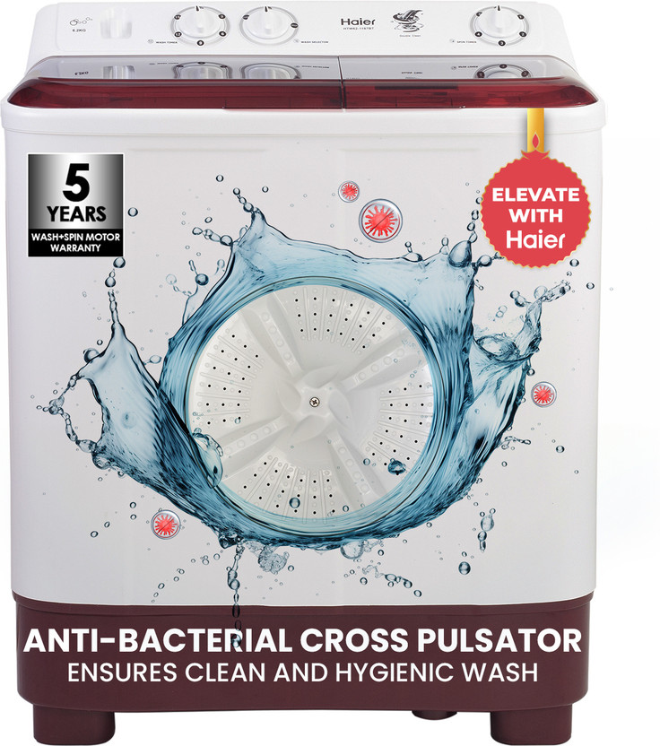 Haier Haier 7 kg Anti Bacterial Vortex Pulsator, 1300 RPM, Spray Function, Wash Programs, Magic Filter, Rat Mesh Semi Automatic Top Load Washing Machine Maroon, White(HTW70-1187BTN) - Flipkart Deal