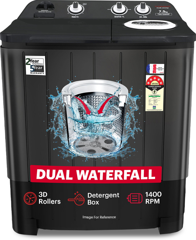 Thomson 7.5 kg 5 Star Aqua Magic with Double Waterfall, Detergent Box, 3D Rollers Technology, Magic Filter, Collar Scrubber, Turbo Dry Technology, Semi Automatic Top Load Washing Machine Black(TSA7500SP)