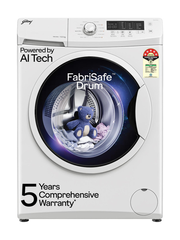 Godrej 6.5 kg AI Powered, FabriSafe Drum, Eco Wash Fully Automatic Front Load Washing Machine White(WFEON CRS 6510 5.0 FKEDM E GLWH)