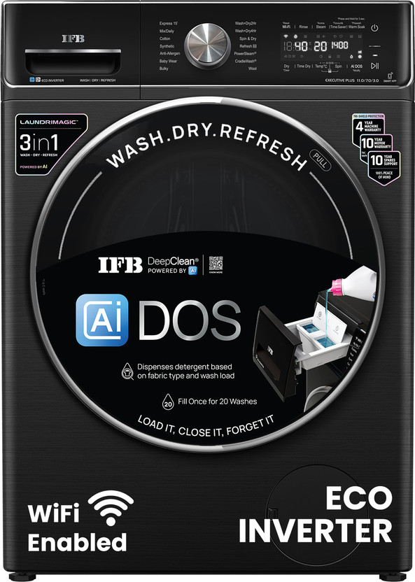 IFB 11/7 kg Washer with Dryer AI DOS - Auto Detergent Dispensing, Oxyjet Technology, 30 min Steam Refresh Program, 100% Dry Ready-to-Wear Clothes, Eco Inverter Motor, 9 Swirl Wash Mimic Handwashing, Fully Automatic with Hot Water Wash, WiFi Connectivity with In-built Heater Black(WDR Executive Plus 